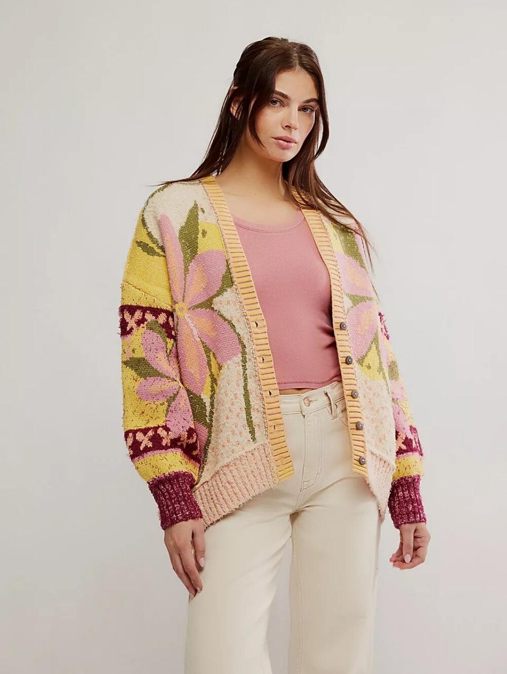 Free People Bali Tropical Garden Cardigan Floral Boho Oversized Sweater